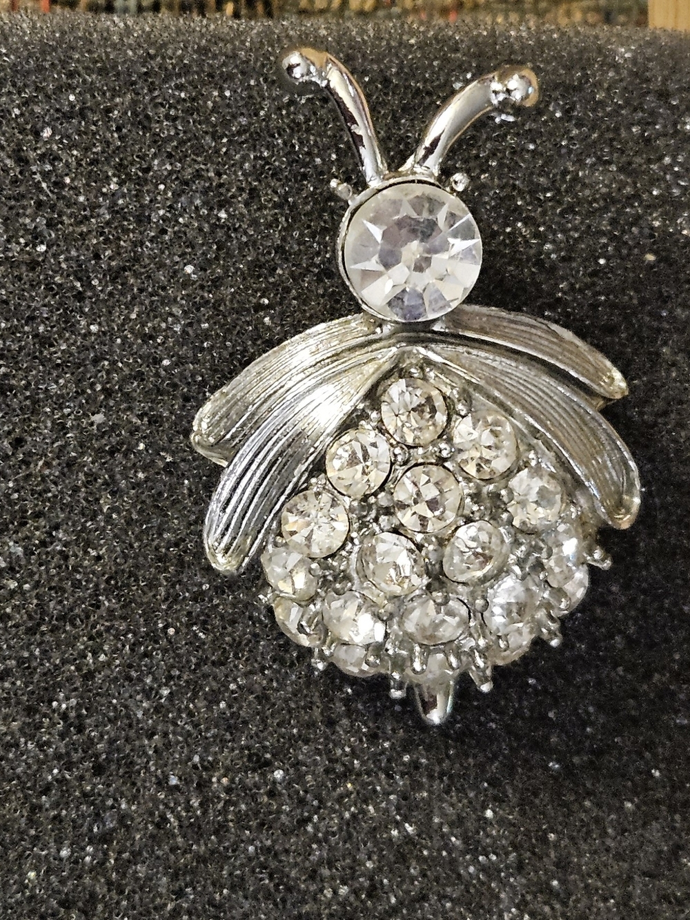 Vintage Silver Crystal Lady Bug Brooch - Clear Rhinestones